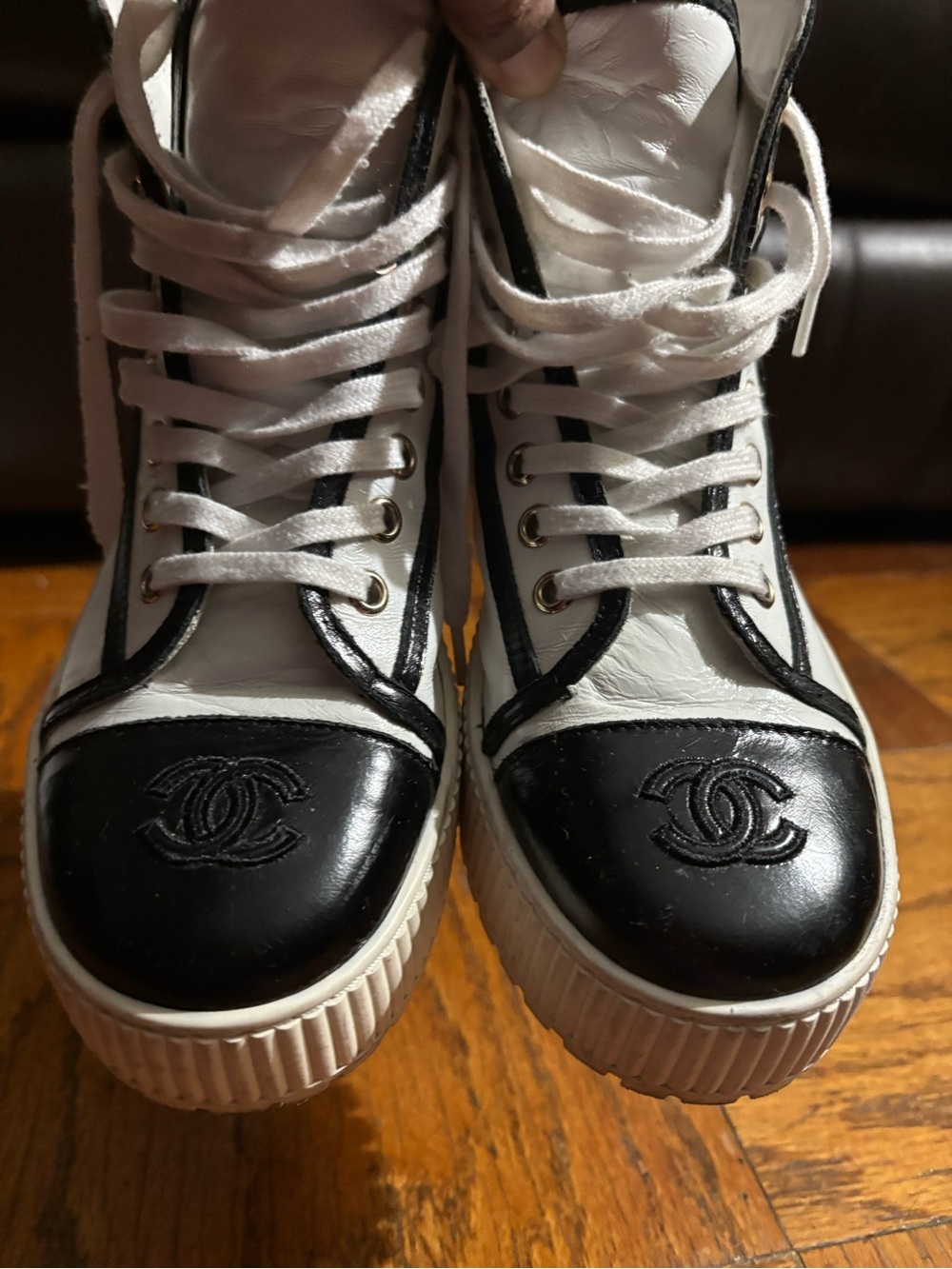 CHANEL White and Black Logo High-Top Sneakers